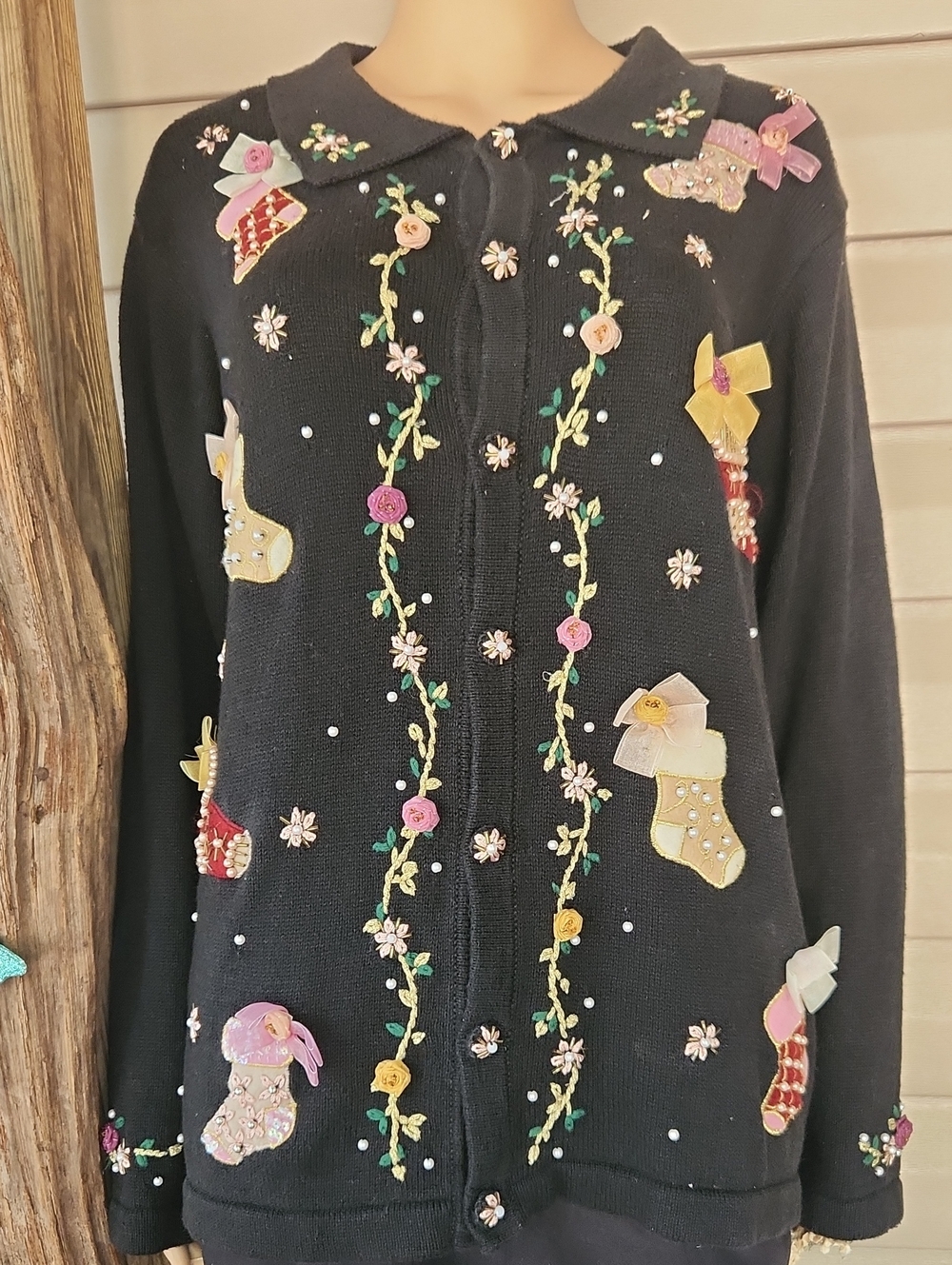 Black Embroidered Holiday Cardigan with Festive Stocking Appliqués